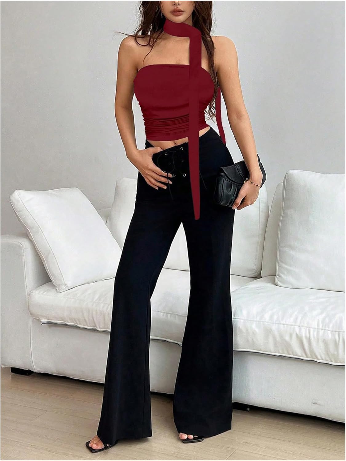 OYOANGLE Women's Strapless Top with Scarf Sleeveless Ruched Crop Tube Tops Y2K Going Out Bandeau - Image 5