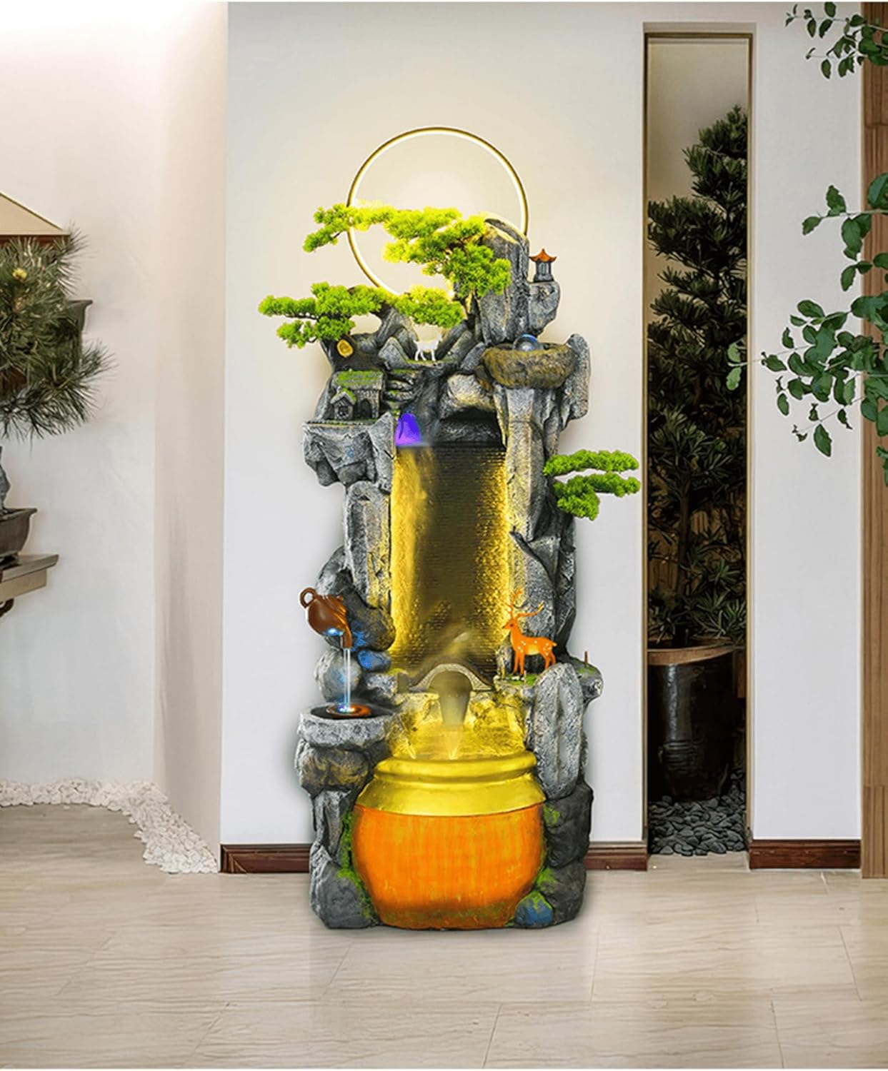 Elegant Zen Rockery Water Fountain with LED Lights and Nature-Inspired Elements - Indoor and Outdoor Decorative Waterfall for Home, Office, or Garden (2638, Small)