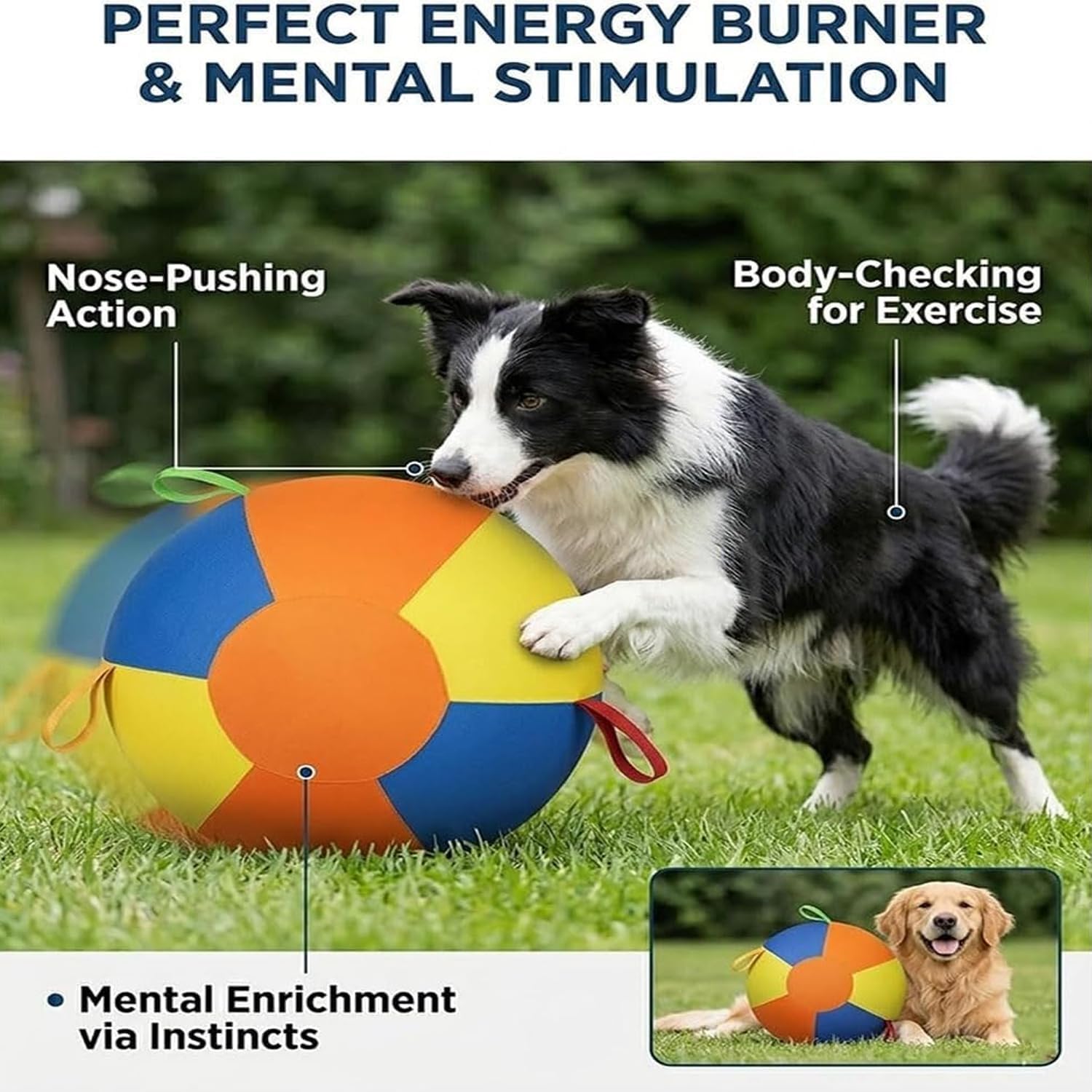 The Mellow Dog Calming Jumbo Ball for Dogs, Giant Herding Ball for Dogs, Durable Tear-Resistant Inflatable Big Ball with Handle Cover & Pump for Play & Exercise Dogs (9.8 in)