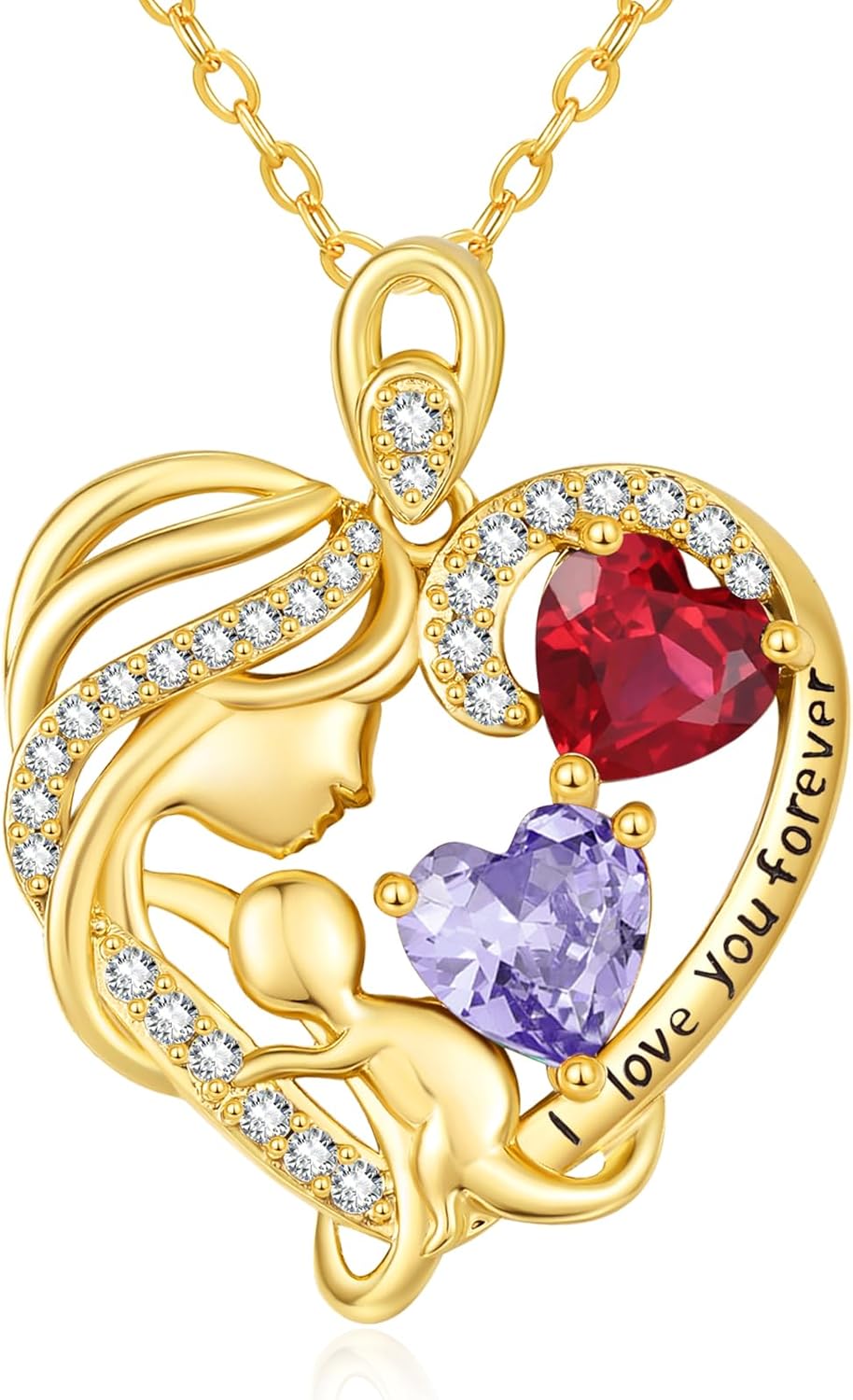 14K Gold Double Birthstone Heart Necklace for Women Mom, Mother Son/Daughter Pendan...