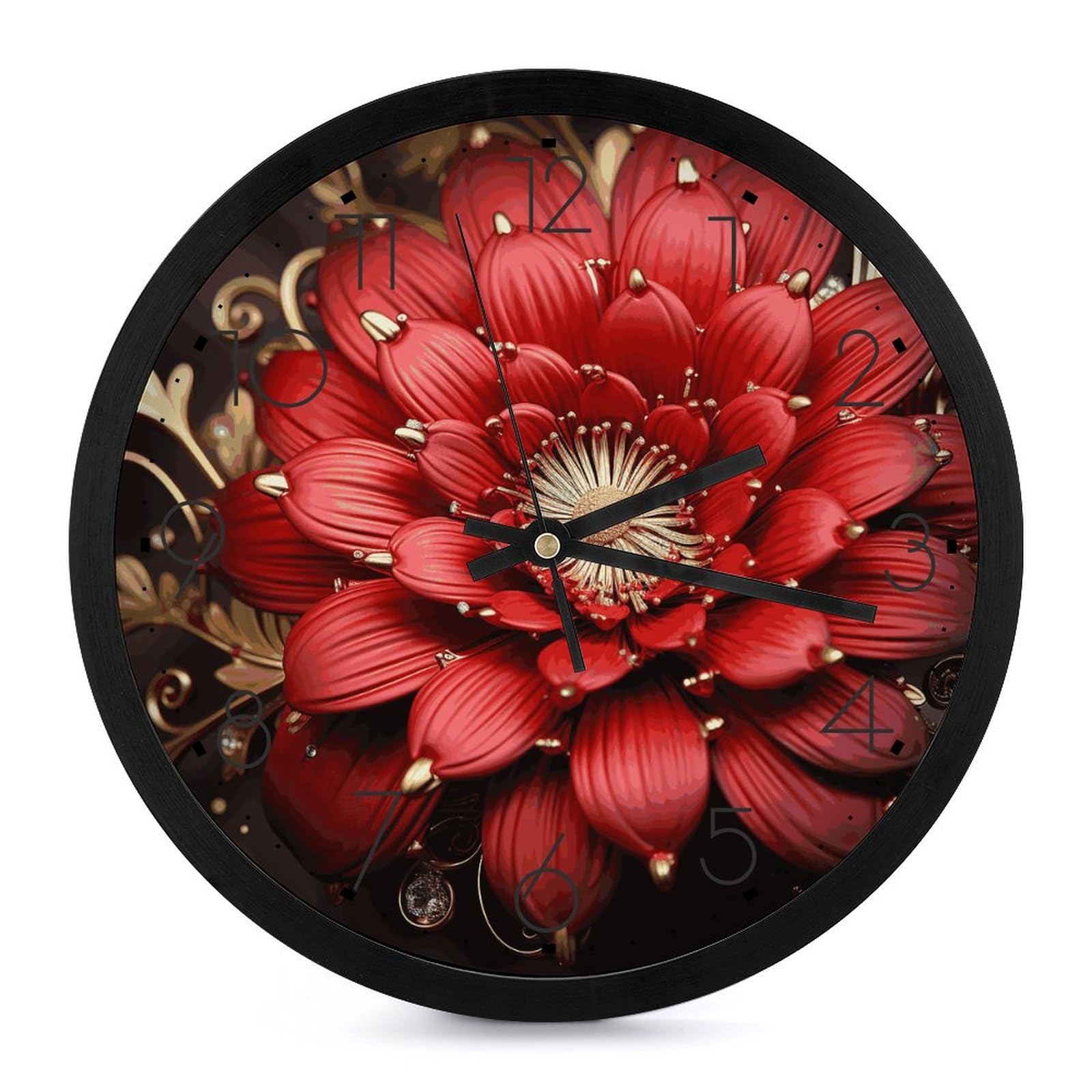 Horloge murale fleur rouge dorée exclusive : l'art classique rond et silencieux chez vous