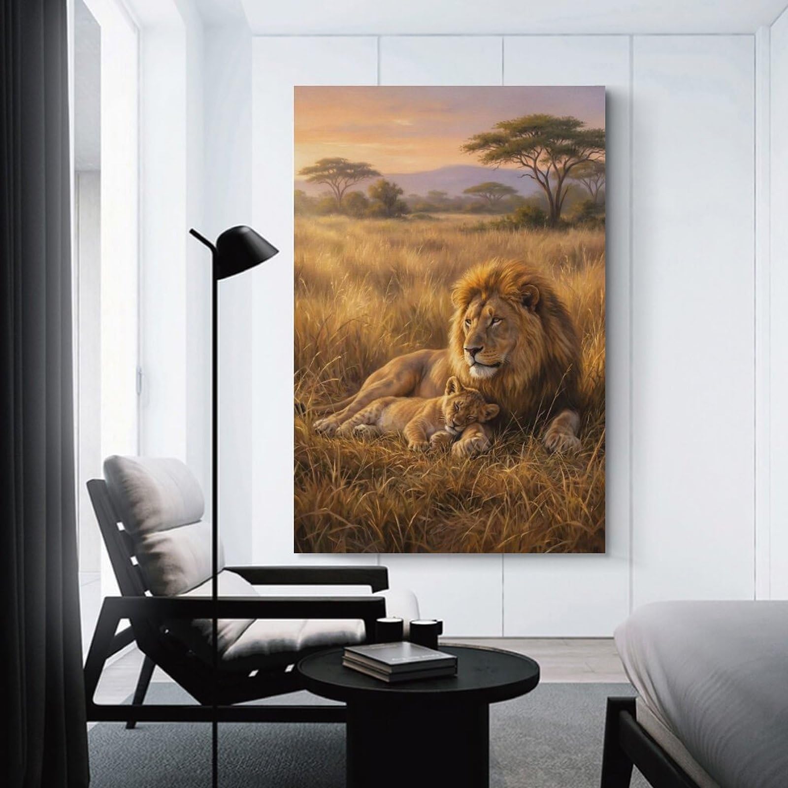 Junmoney Lion And Cub in Savannah Canvas Wall Picture, 20x30inch(50x75cm), for Home, Office, Studio Or Guest Room, A Flexible Wall Accent for Shared Spaces