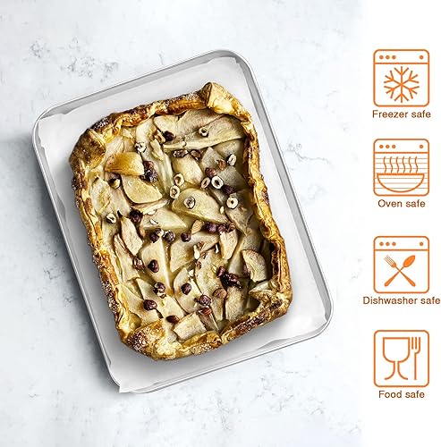 Miniatura 4 de E-far - Juego de 2 bandejas pequeñas para hornear, de acero inoxidable de 9.4 x 7.3 pulgadas, para horno tostador con 50 papeles pergaminos, bandeja