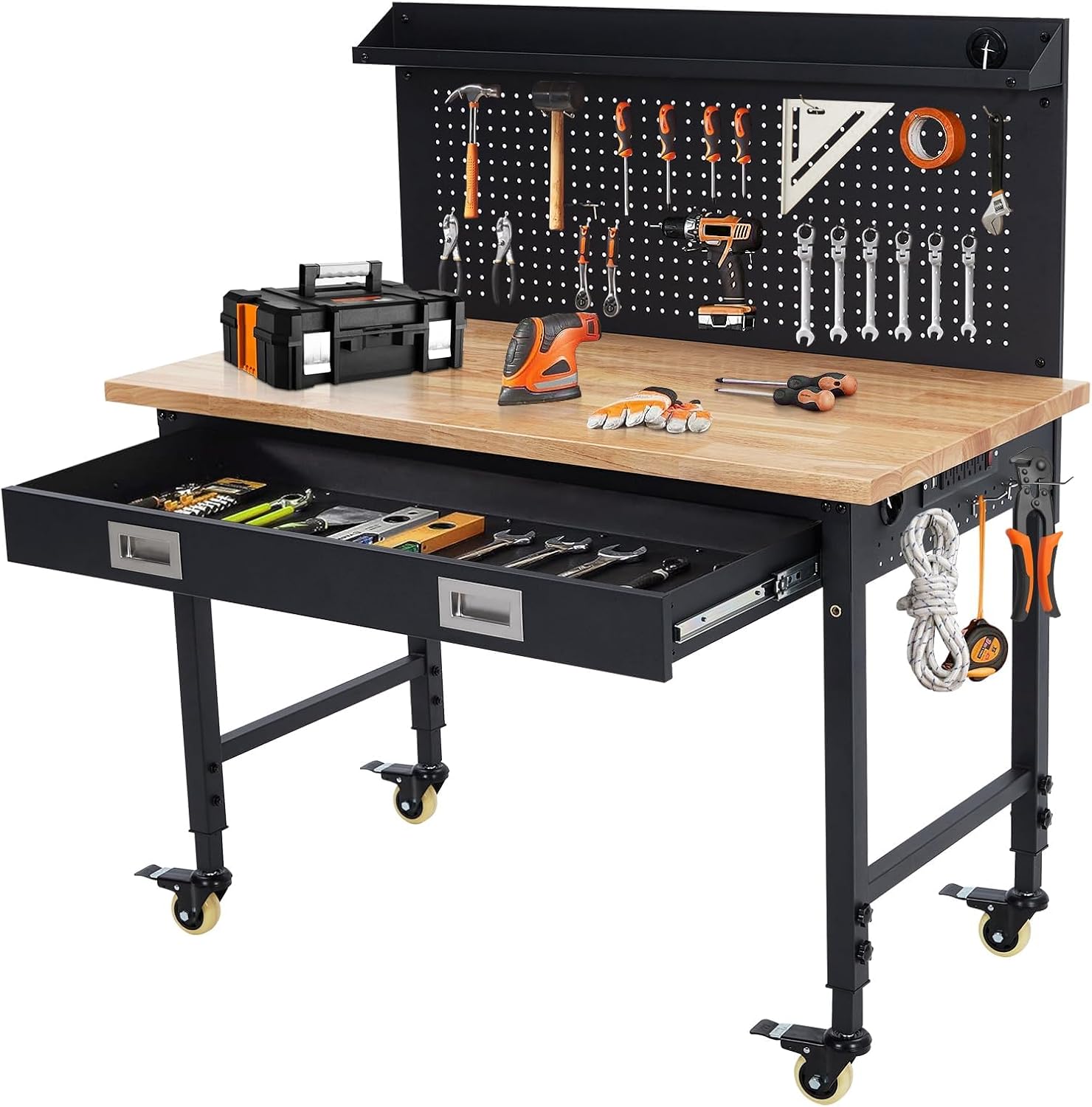48” Adjustable Workbench on Wheels, 2000LBS Heavy Duty Worktable with Power Outlets & Drawers & Pegboard, Rubberwood Workstation for Workshop, Garage, Office, Home