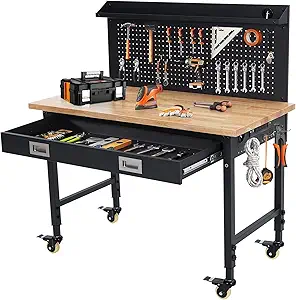 Work Bench 48" Adjustable Height, Heavy-Duty Portable Workbench with Power Outlets and Drawer for Garage & Workshop, 2000 LBS Load Capacity Large Pegboard, Work Table for Office, Home, Easy Assembly