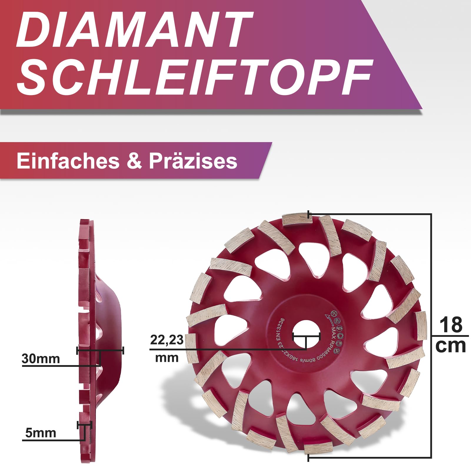 Meule diamantée 180 mm × 22,23 mm, disque abrasif pour béton, granit, pierre naturelle, marbre (rouge)