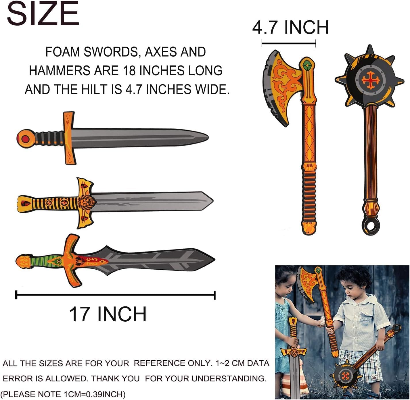 Foam Swords Weapons Playset Toy for Boys - 17 inch Foam Golden Axe Hammer for Kids Play, Pack of 5 Warrior Weapons Pretend Playset Play Soft Warrior Toy for Boys Kids Gift