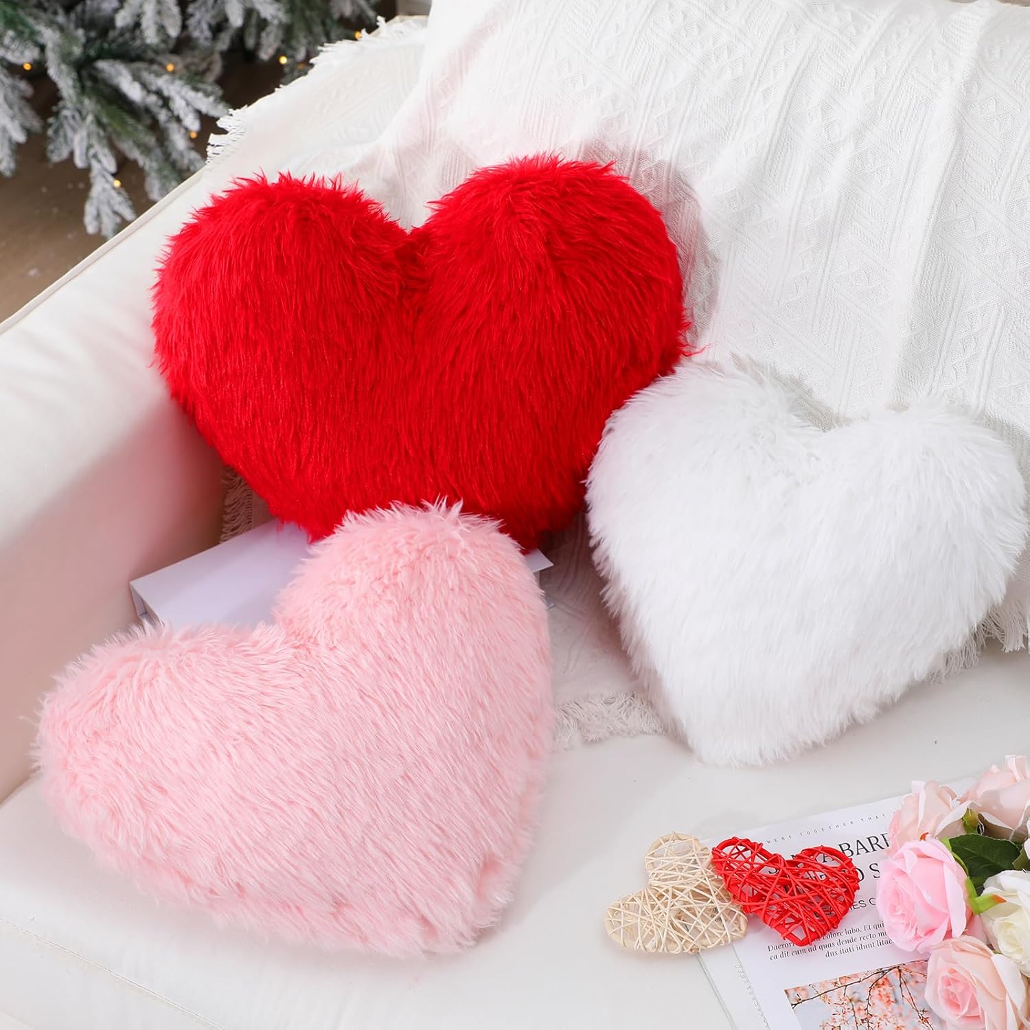 Bucherry 3 Pcs Valentine's Day Heart Throw Pillows, Red White Pink Heart Pillow Soft Decorative Back Cushion for Girls Women Bed Sofa Valentines Wedding Gifts Home Decor(Fluffy Plush,Without Ruffed) Fluffy Plush Without Ruffed