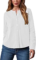 Sunborui Women's Long Sleeve Round Neck Button Down Blouse with Pockets - Soft Cotton Blend Tops for Casual Elegance