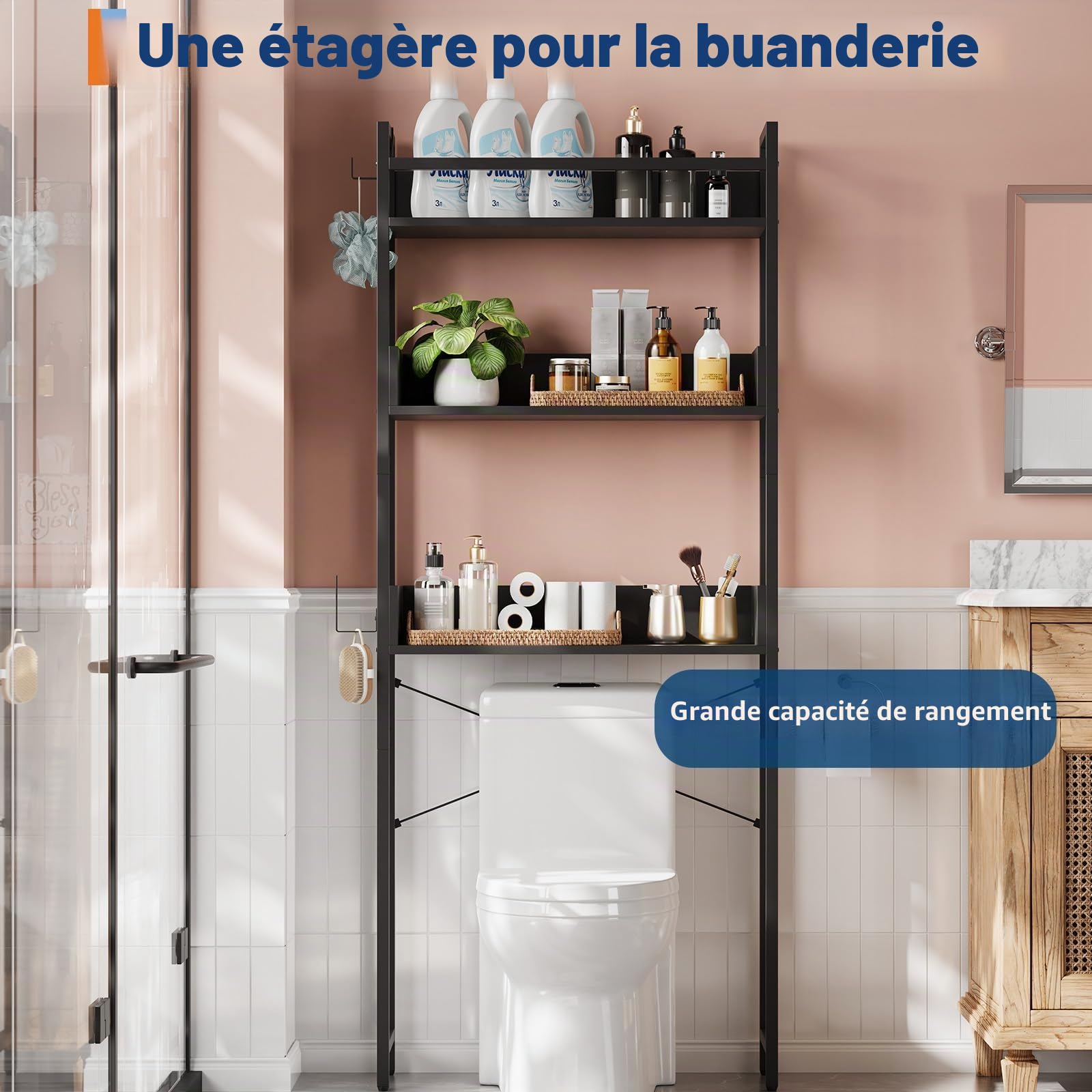 Étagère de Toilette 3 Niveaux,66x23x162 cm,Rangement au-Dessus des WC en Fer, Meuble Salle de Bain Économiseur d’Espace avec Crochet, pour Buanderie Cuisine Balcon Salon, Noir