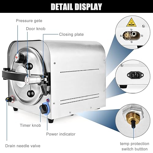 Miniatura 6 de Esterilizador de vapor de autoclave 14L esterilizador médico laboratorio de esterilización equipo de belleza AC110V 3 bandejas con fuction de secado