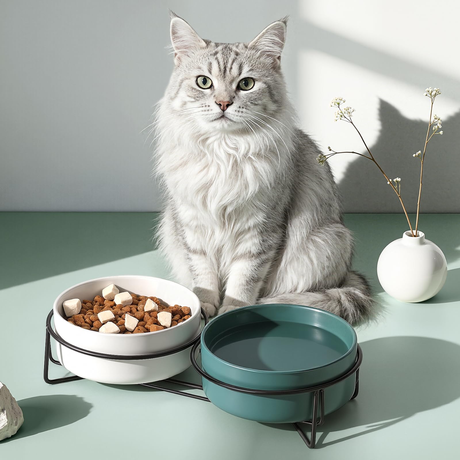 PETTOM Gamelle Chat Céramique Surélevée Double 2x400ml, Bol Chat avec Support Métal Anti Renversement pour Croquette Eau, Vert+Gris