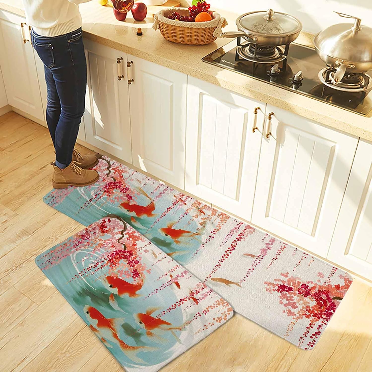 Cherry Blossoms Kitchen Rugs and Mats Set of 2, Non-Slip Kitchen Sink Mat, Farmhouse Rustic Goldfish Burlap Washable Doormat Bathroom Rugs Runner for Bedroom/Living Room 15.7"x23.6"+15.7"x47.2"
