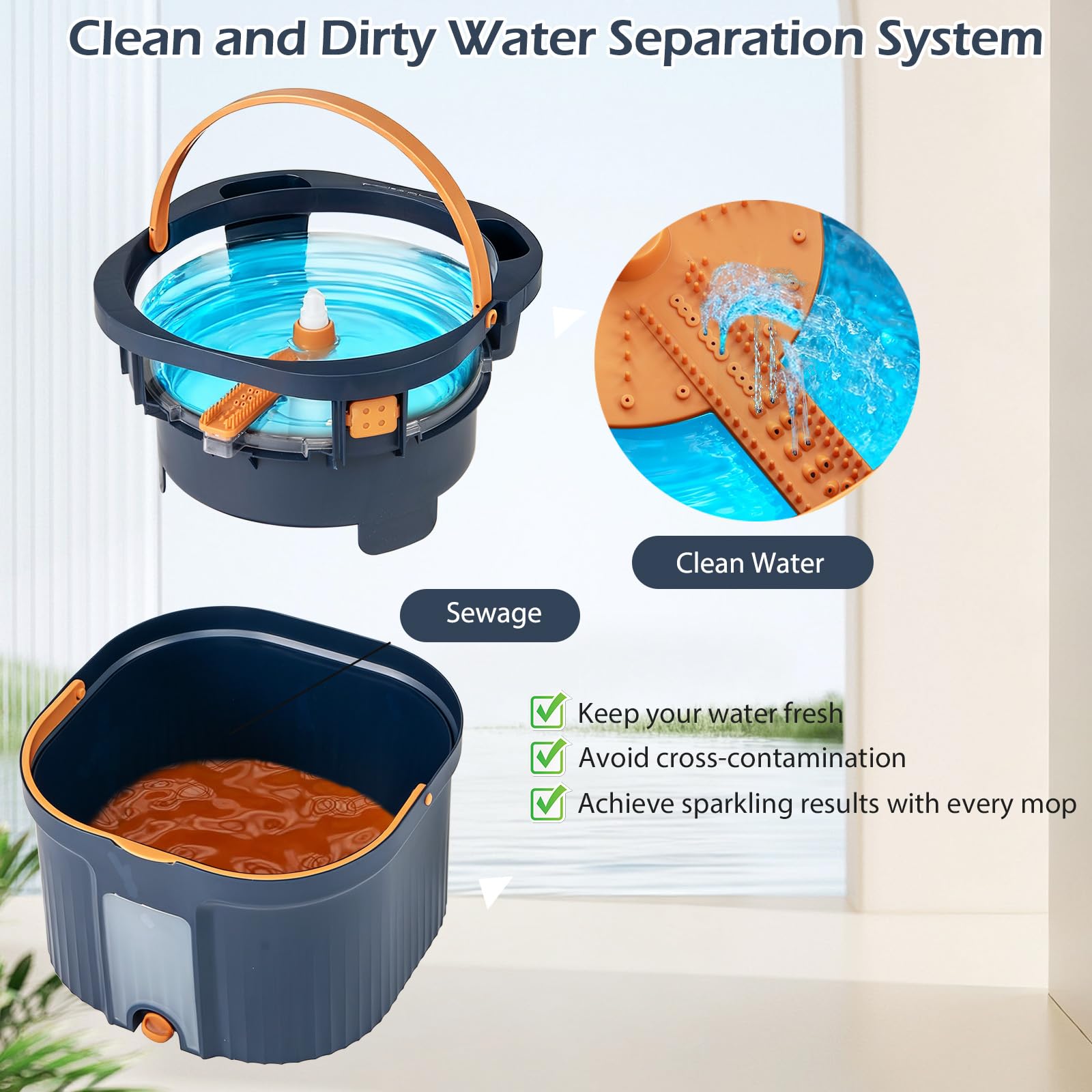 Lifezeal Escoba de Fregona con Cubo Doble, Cabezal Giratorio 360° con Paños Reutilizables, Separación de Agua Limpia y Sucia para Suelos de Baldosas de Parquet para Casa (Azul 2 Cabezas + 9 Paños)