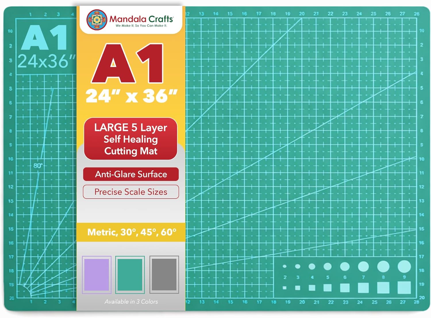 Mandala Crafts Self-Healing Cutting Mat, Green 24" x 36" – A1 Large Double-Sided 5-Ply Rotary Cutting Board for Sewing, Quilting, Fabric, Leather, Craft, and Scrapbooking