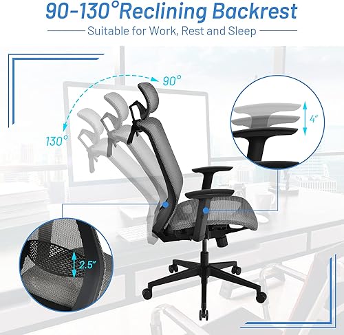 Miniatura 5 de Giantex Silla de oficina ergonómica, silla de escritorio de malla con reposacabezas ajustable, silla ejecutiva de respaldo alto, cómoda silla