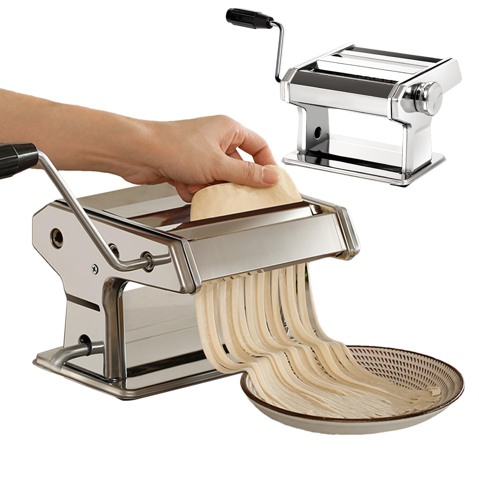 Máquina para hacer pasta - Acero inoxidable 18X18X13Cm 2,9kg | Prensa manual para extrusora de pasta para fideos | 9 Rodillo para espesor ajustable | Cocina doméstica Cocina Plata
