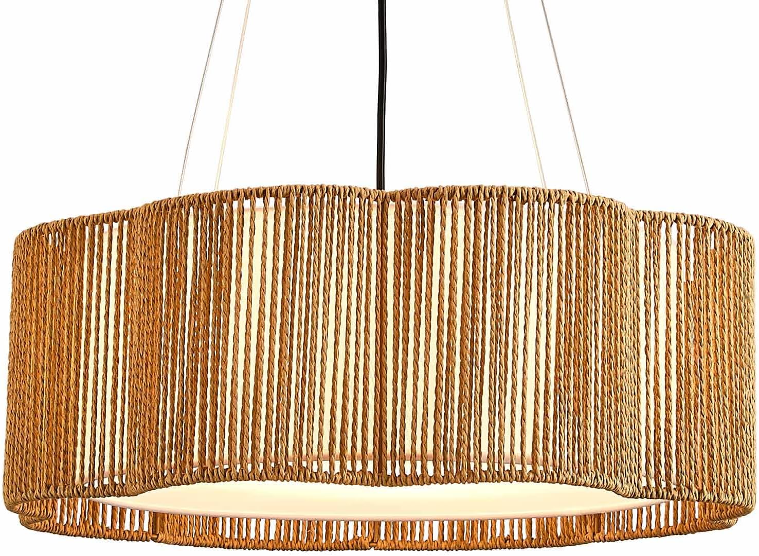 20'' Rattan Large Drum Chandeliers Light Fixtures,4 Light Boho Pendant Light Farmhouse Rustic Hand Woven Lighting for Dining Room Kitchen Island Living Room Bedroom,Brushed Nickel Finish Metal Brushed Nickel 20 inch-1