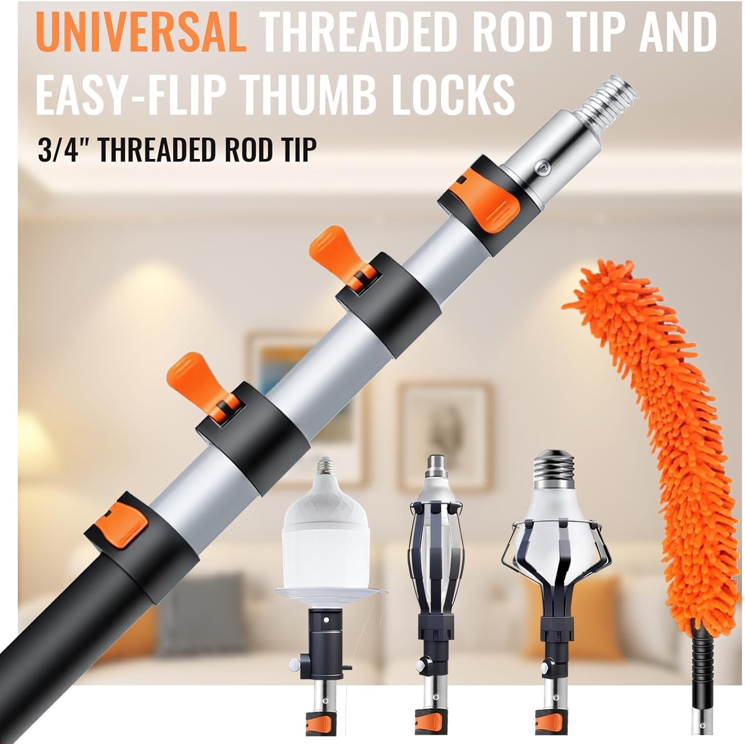 PMMJ Light Bulb Changer for High Ceilings with 18FT Reach, Telescopic Extension Pole for High Ceilings and Recessed Lights (4-12FT) with Baskets, Suction Cup and Duster with Extension Pole