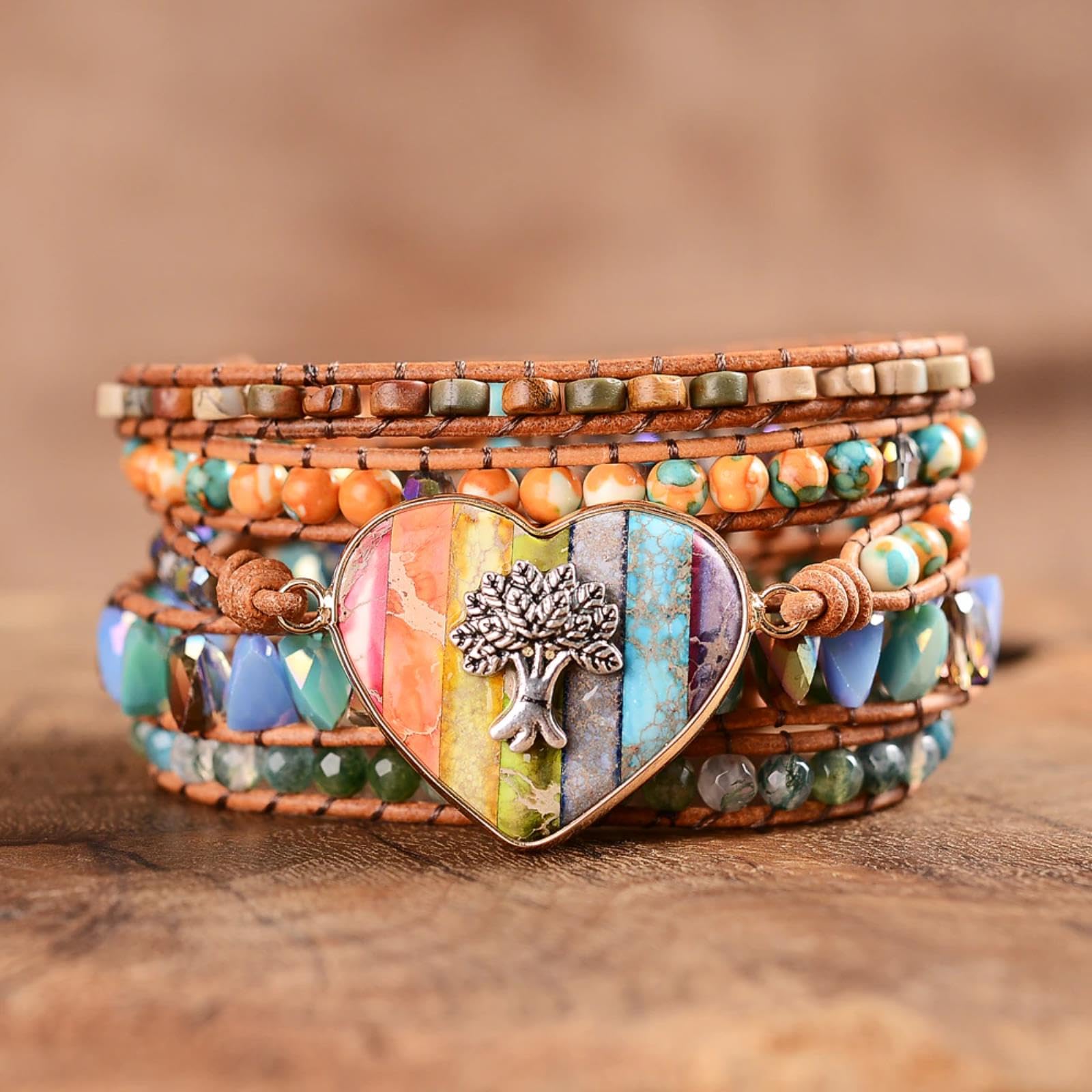 Weav Baum des Lebens Herz 7 Chakra Stein Perlen Damen 5X Wickelarmbänder Armreifen