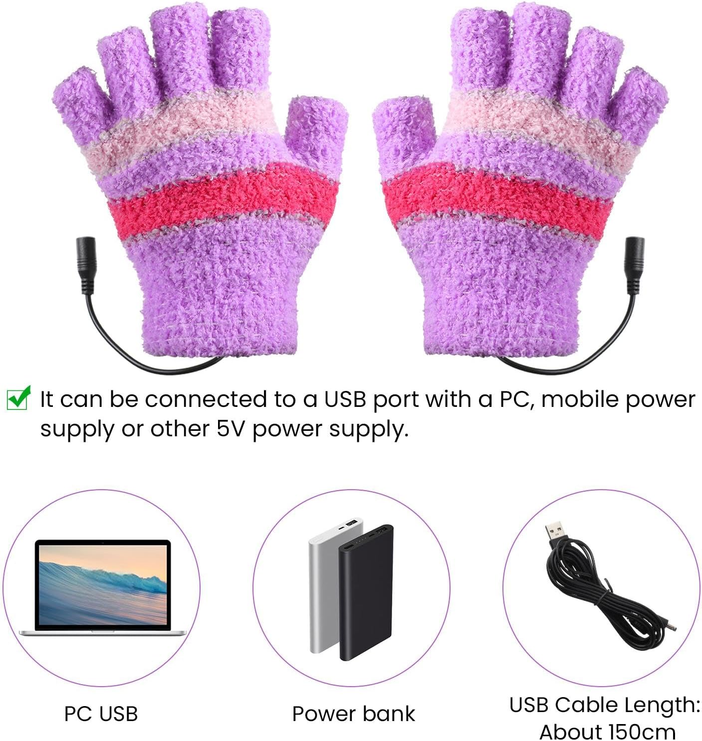 3 Pairs USB Heated Gloves for Women Fingerless Warm Laptop Gloves for Hand Warmers Mittens Computer Electric Gaming - Image 3