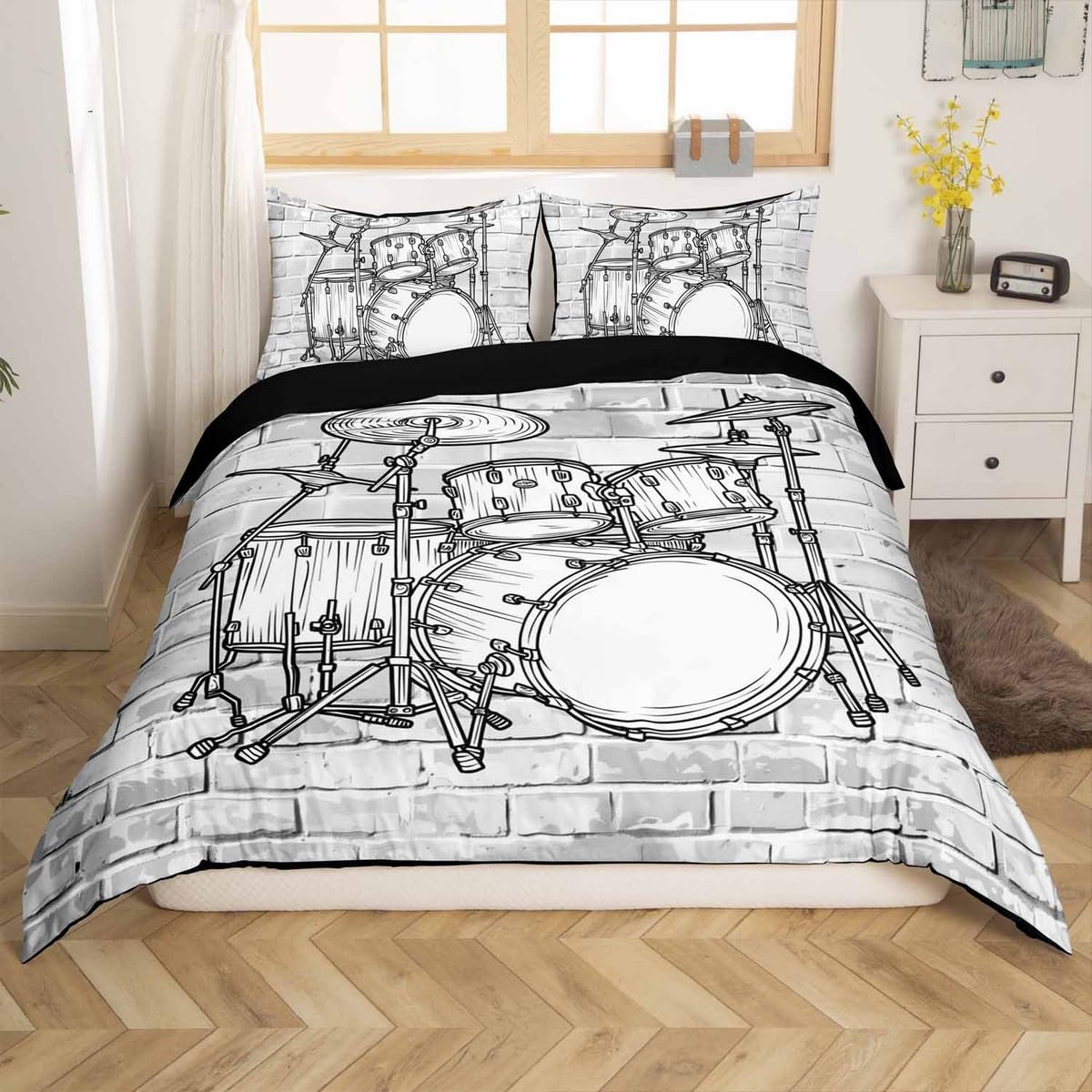 Juego de funda de edredón tamaño Super King, funda de edredón de instrumentos musicales rock de moda, 3 piezas para niños, adolescentes, jóvenes, niños, funda de edredón con música hip hop