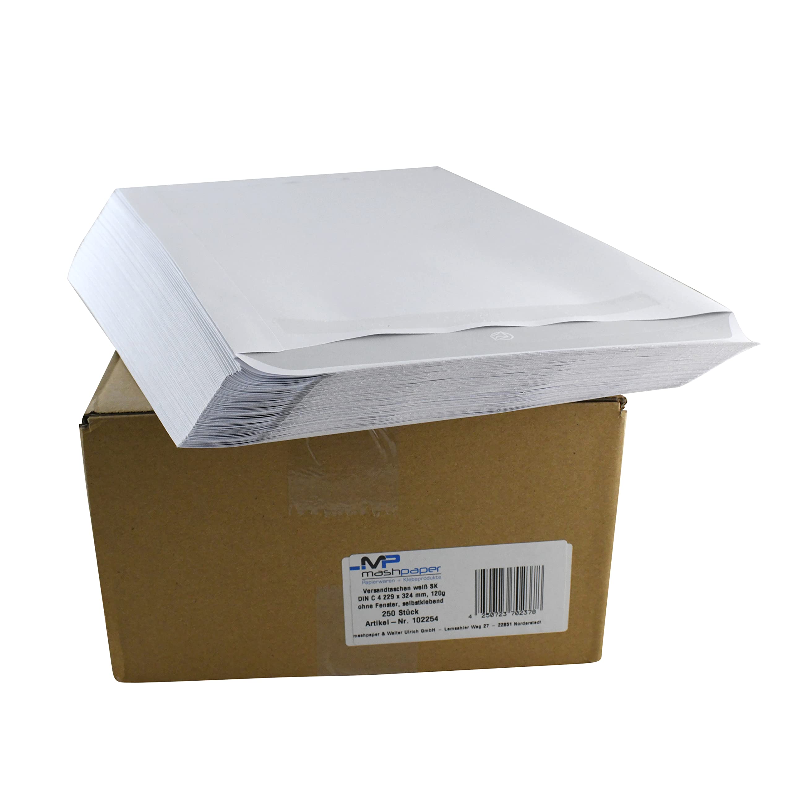 MASHPAPER Versandtaschen DIN C4, weiß, ohne Fenster | 229 x 324 mm | Weiße Versandtaschen C4, 250 Stück, Offset weiß chlorfrei 120g/qm, Selbstklebung, ideal für A4 Dokumente ohne Knicken, 102254