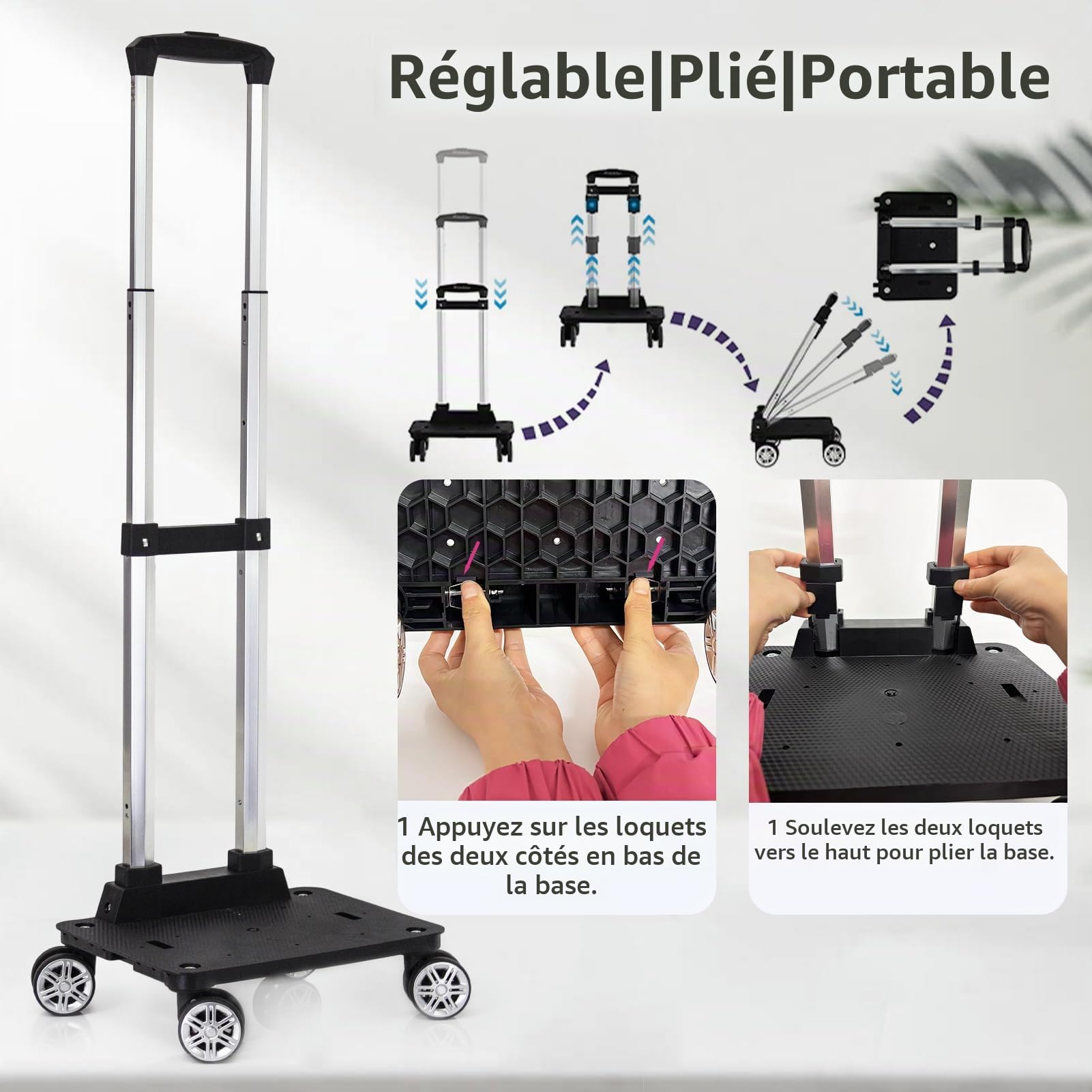 Chariot à dos à roulettes avec sangle de bagage, chariot pliable en alliage d'aluminium pour cartable, sac à dos, chariot de voyage