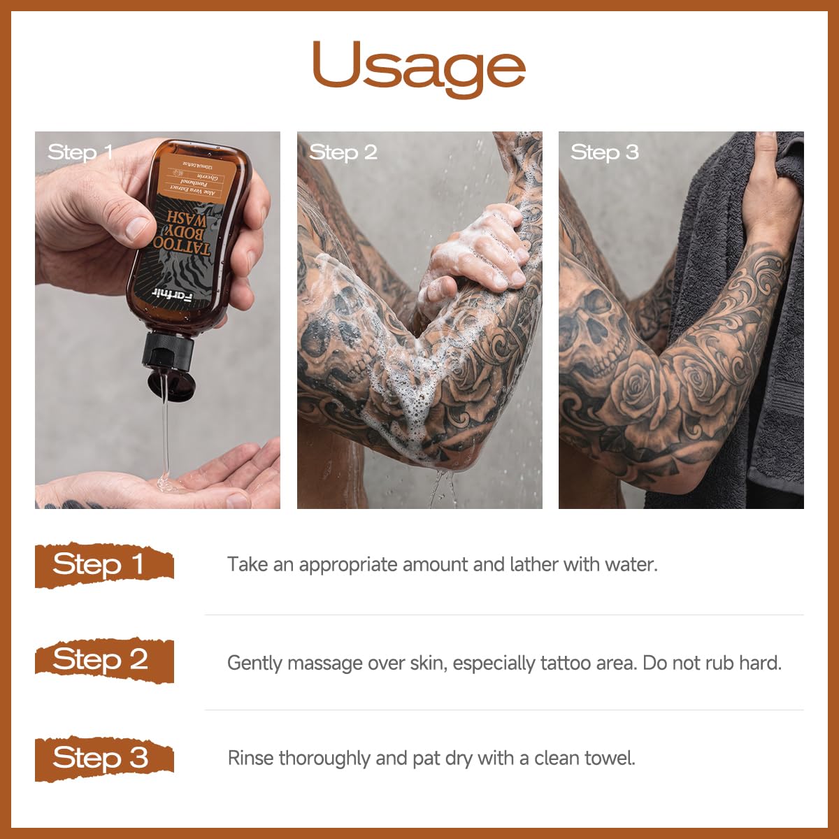 Tattoo Body Wash 4.06 fl oz / 120 ml, Gentle Cleansing Shower Gel for Tattooed Skin, Moisturizing Body Cleanser with Lightweight Formula, Daily Body Care Wash for Men and Women