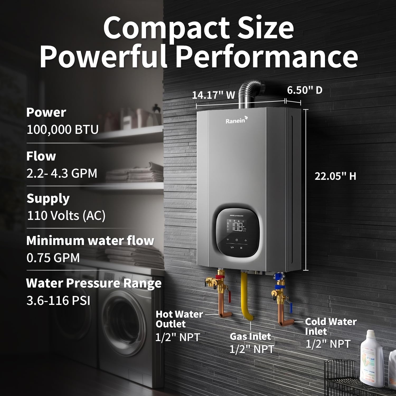 Ranein Calentador de agua instantáneo de gas propano con tubo de purga de aire para interiores, máximo 4,3 GPM, 100.000 BTU
