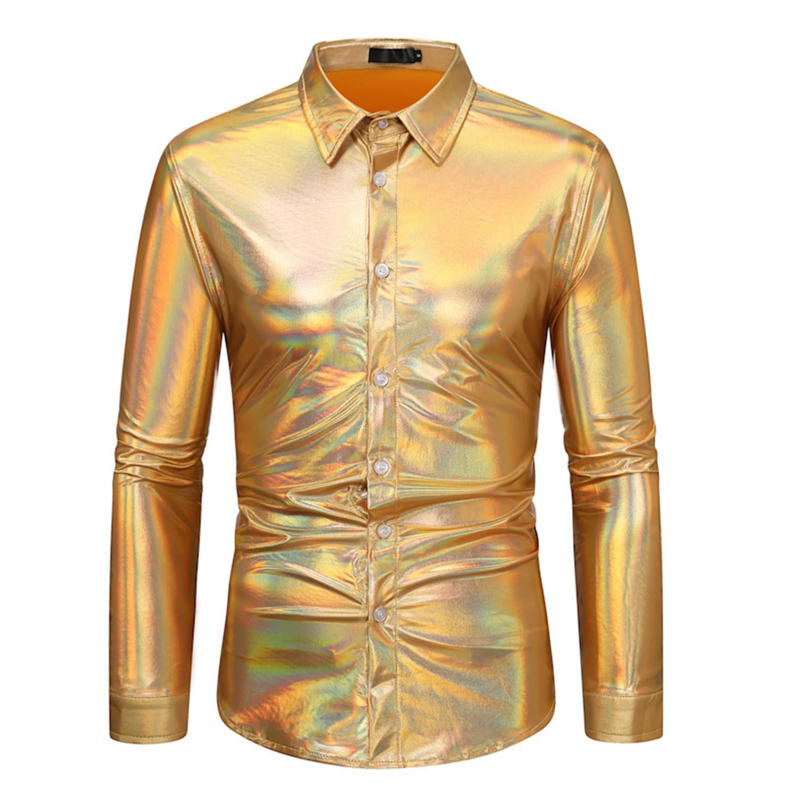 Sequin Shirt Men's Gold Metallic Shiny Shirts Party Outfit Sequin Shirt Night Club Style Beautiful Button Up Dance Wear Long Sleeve Lapel Blouse