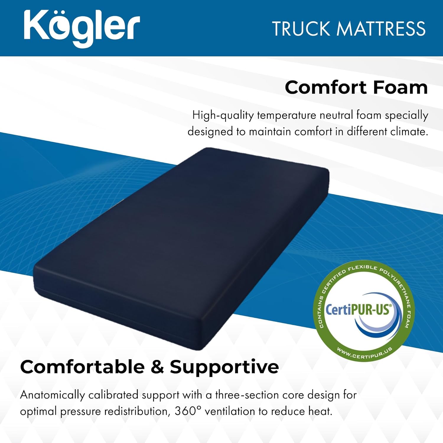 Kogler Premium 6-Inch Thick High-Density Foam Semi-Truck & RV Mattress with Gel-Infused Memory Foam, Luxury Comfort, Firm Support for Sleeper Cab, RV or Camper Bed, Compressed in a Box, 32x80, Navy