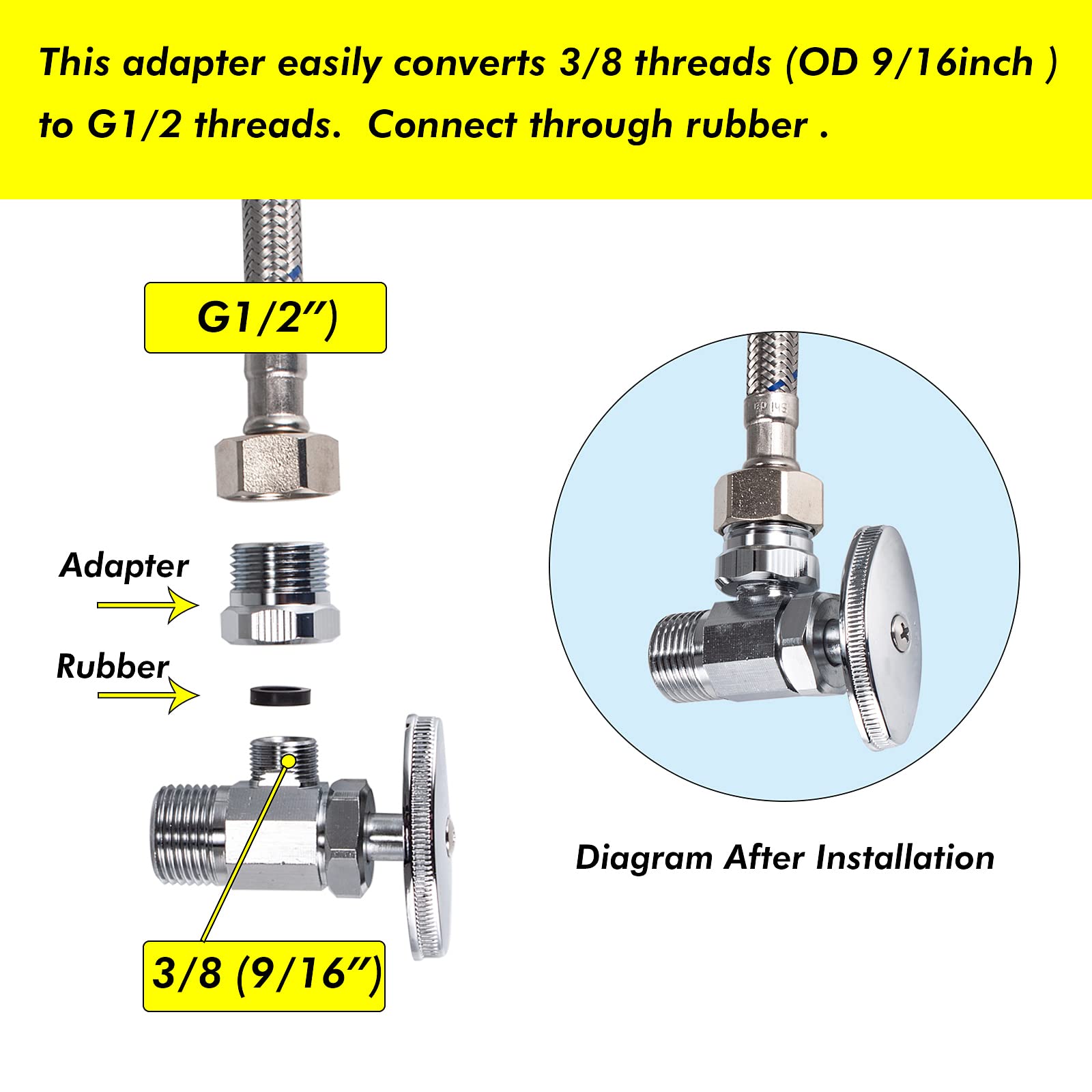 Adaptador de manguera de agua, G 1/2 macho a 3/8 hembra (9/16-24) accesorios de tubería de agua, conector de manguera de agua con arandela de goma (paquete de 2)
