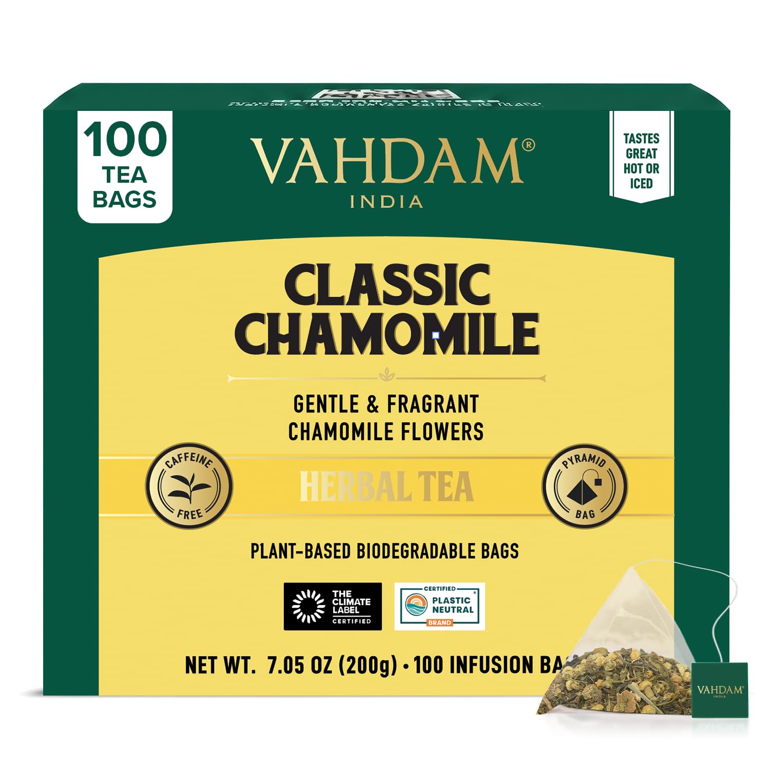 VAHDAM Chamomile Tea (100 Pyramid Tea Bags) High Quality Whole Flowers Resealable Ziplock Pouch for Lasting Freshness | Sweet & Floral | 100% Pure & Natural Herbal Tea/Tisane | Caffeine & GMO Free Chamomile Herbal Tea 100 Count (Pack of 1)