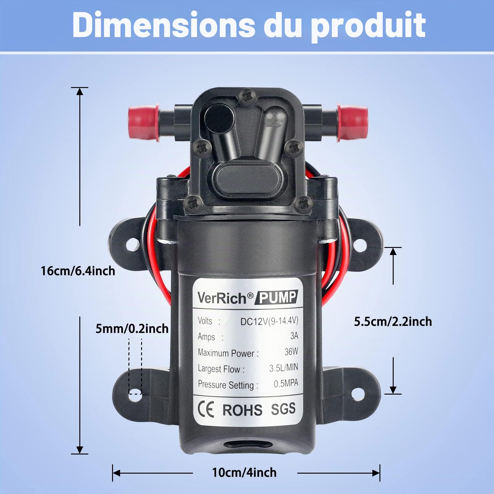 Pompe à membrane,VerRich Pompe de pulvérisateur à amorçage automatique de la pompe à eau CC 12 V 36W 3A à amorçage automatique 3,5 L/Min 0.77MPA 73 PSI