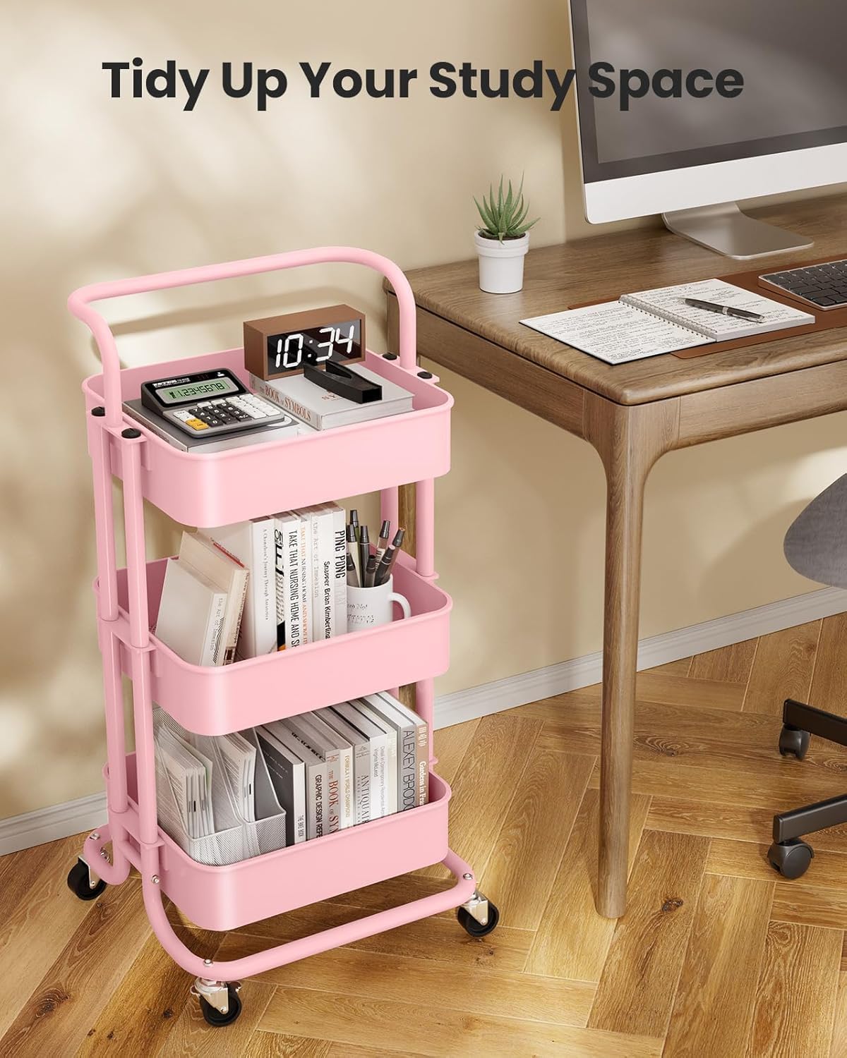 Pipishell 3 Tier Mesh Utility Cart, Rolling Metal Organization Cart with Handle and Lockable Wheels, Multifunctional Storage Shelves for Kitchen Living Room Office Pink