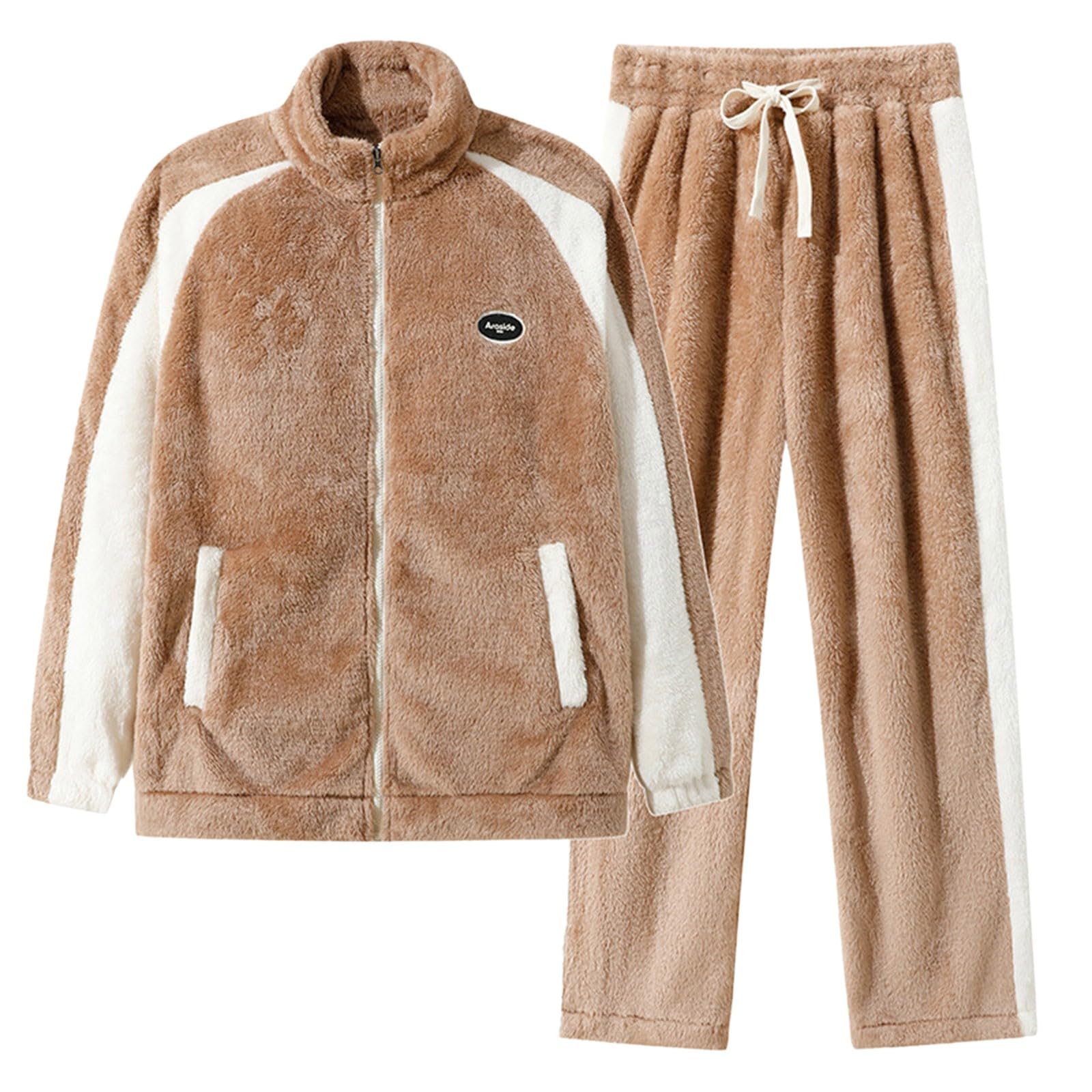 Generisch Hausanzug Herren Plüsch Schlafanzug Fleece Warmes Sweatshirt und Plüschhose Set mit Reißverschluss Pyjama Zweiteiliger Loungewear Winter Nightwear Freizeitanzug für Zuhause