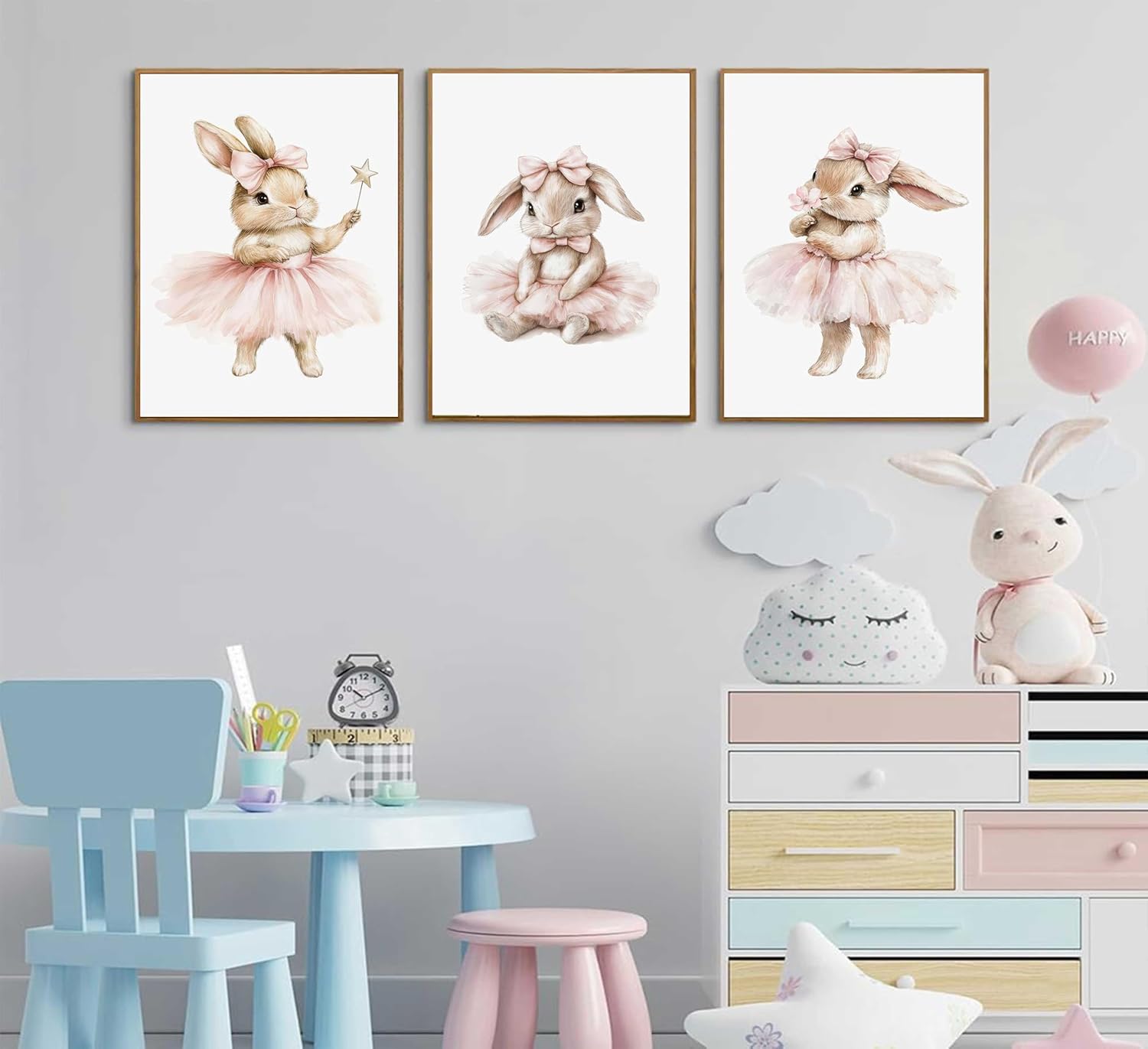 YUFXSTZV 3pcs Pink Bunny Wall Art Ballet Bunny Wall Decor Cute Nursery Posters Pink Little Baby Girls Nursery Canvas Painting Animal Prints for Baby Girl Bedroom, Kids Room Decor Unframed