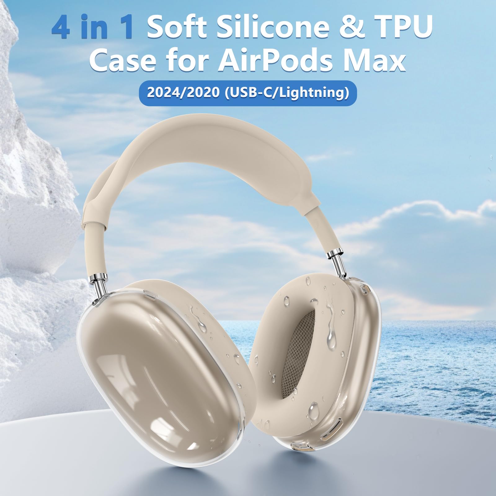 ?4 in 1?Protective Kit for AirPods Max Case Cover, Clear TPU Ear Cups Cover + Silicone Ear Pads Case + Headband Covers, Transparent Silicone Accessories for Apple AirPods Max USB-C (2024/2020), Stone
