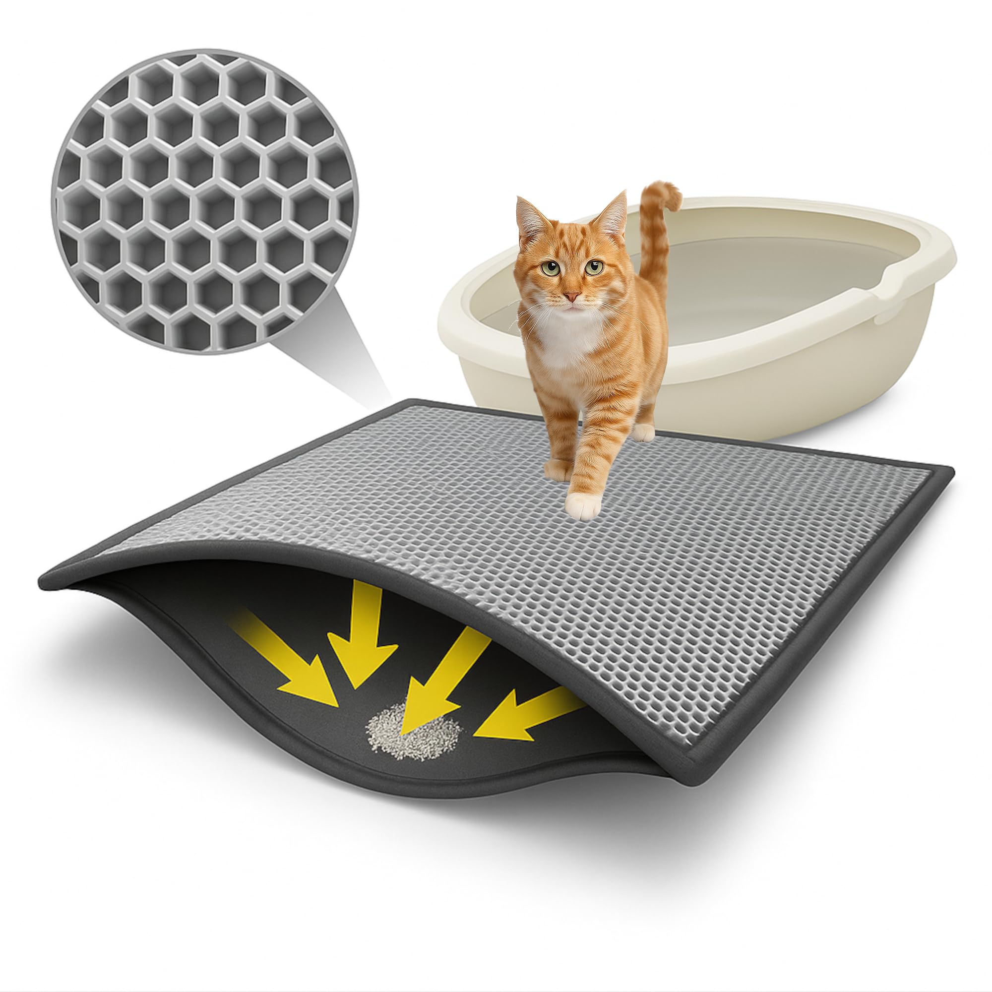 BYPET Cat Litter Tray Mat, Cat Mat 30 x 40 cm, Cat Litter Tray Mat, Honeycomb Design, Waterproof Double Layer Design, Honeycomb Mat (Grey 3040) — image 1