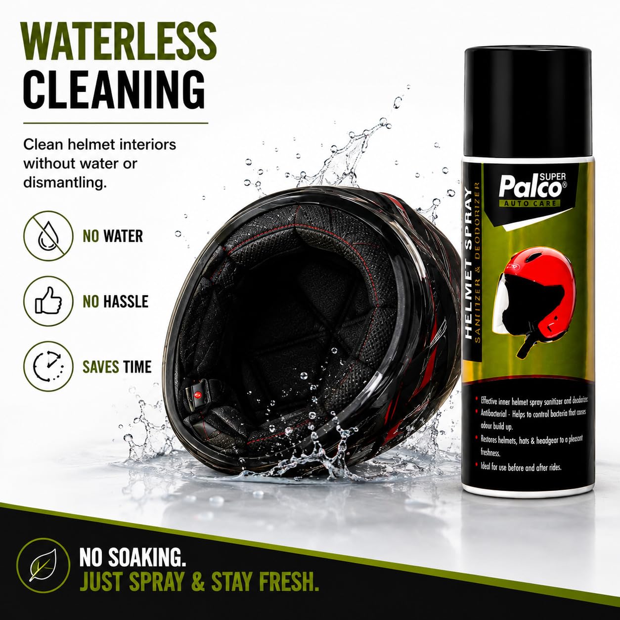 PALCO Helmet Cleaner Spray Inner Foam 150ml (Pack of 1), Sanitizer & Deodorizer Anti-Bacterial Helmet Cleaning Spray, Quick Drying, Safe for Hair & Skin, Helmet Interior Cleaner Removes Bad Odor 1
