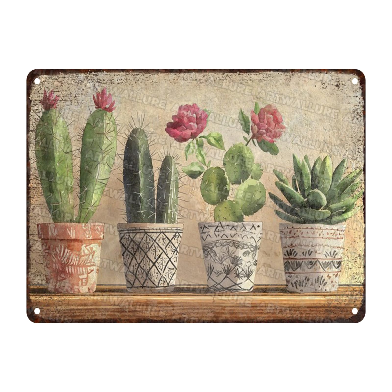 Four basins Cactus Metal tin Sign Watercolor Cactus Tin Sign Green Plant Wall Decor for Home Living Room Kitchen Garden Bedroom Office Hotel Cafe And Pub Decoration 12x16inch