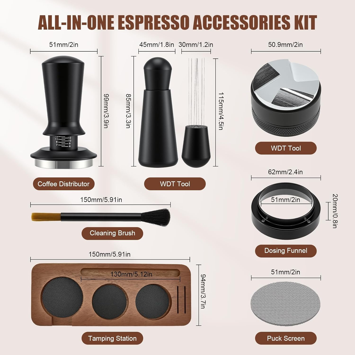 Kit Barista Café 7 Piezas, Accesorios de Espresso, Juego de Prensador Café, Tamper 51mm Estación Prensado, Distribuidor, Herramienta WDT, Anillo Dosador, Filtro Puck, Cepillo, Máquina Portafiltro