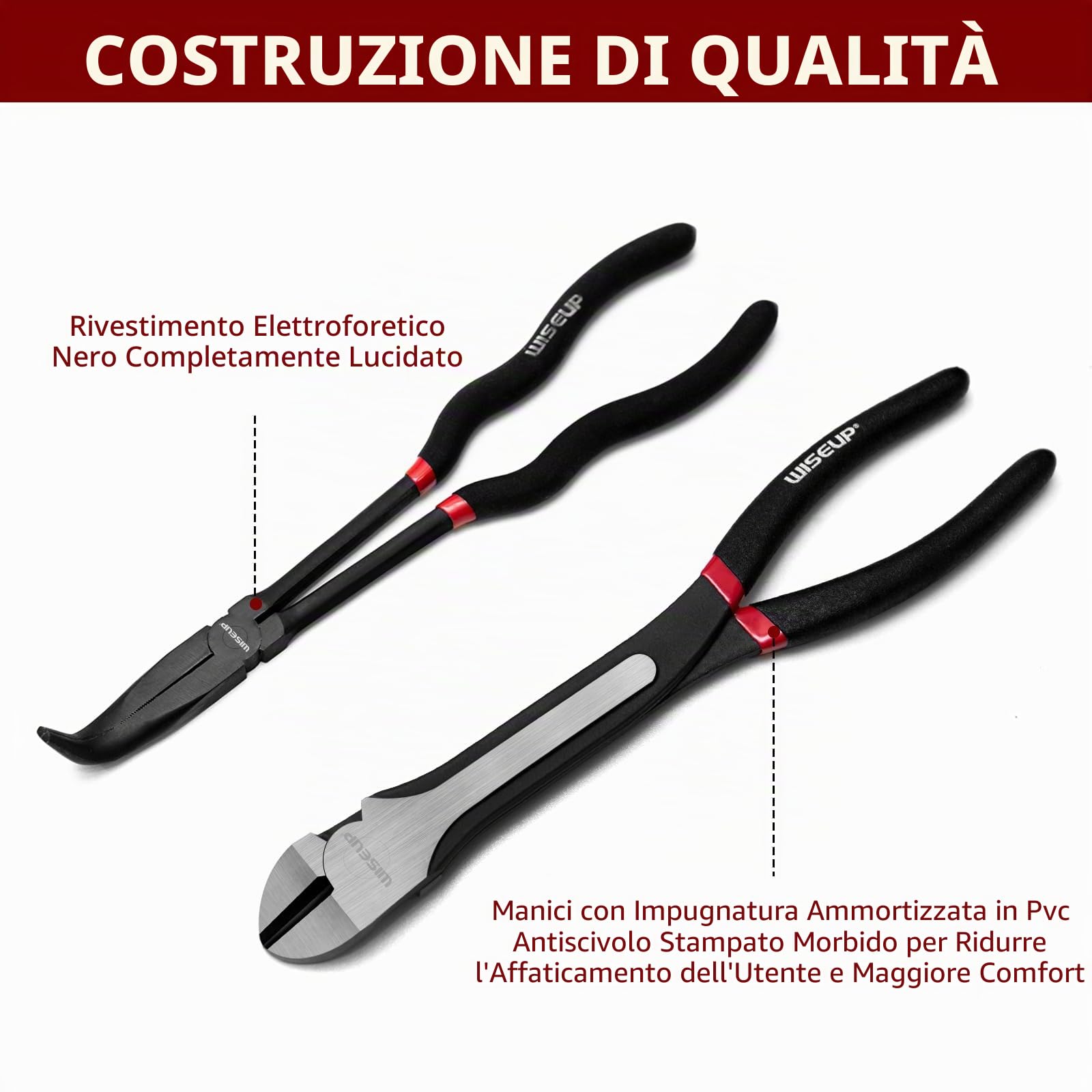 WISEUP Set 5 pinze a becco lungo, acciaio al carbonio, 11", dritte, 45°, 90°, tagliafili laterali