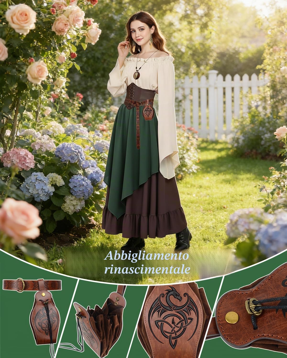 Set di Vestiti Medievali da Donna, Maxi Abito Rinascimentale con Spalle Scoperte, Maniche Corte, Marsupio, Costume Rinascimentale da Donna per Giochi di Ruolo Rinascimentali e Medievali
