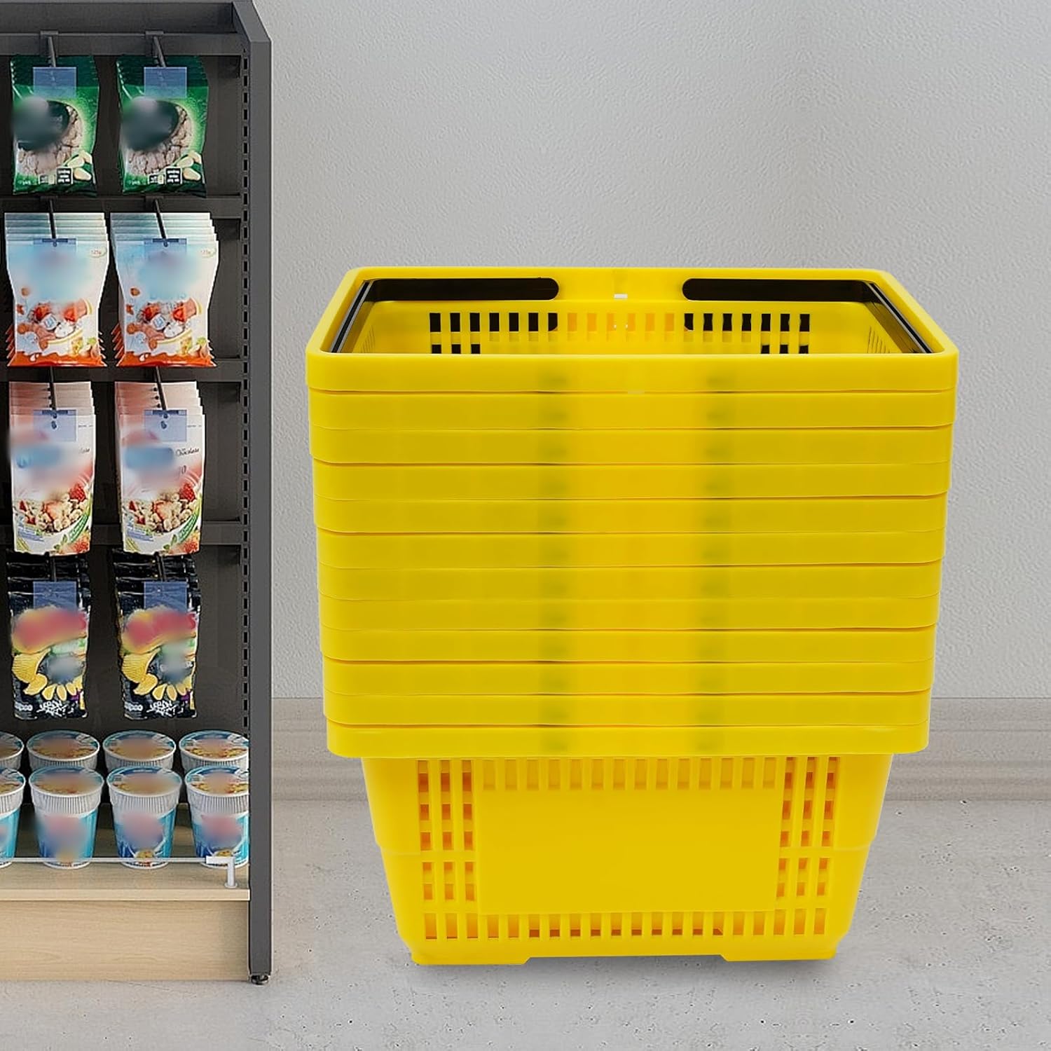 12PCS Shopping Baskets,28L Large Capacity Multifunctional Plastic Basket Portable Durable Retail Grocery Baskets with Handles for Supermarket,Retail,Home (Yellow)