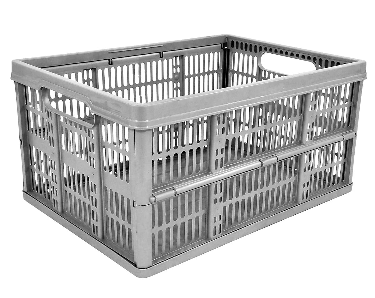 Monal Grey Homion 32L Foldable Plastic Storage Crate – Collapsible Stackable Basket With Handles For Home, Garage & Car Boot – – Pack Size Selection (1)