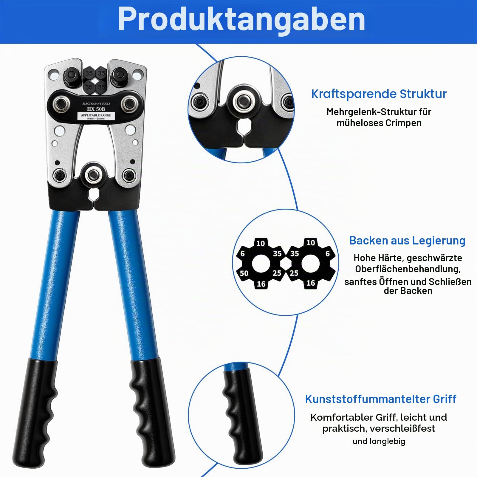 Batteriekabelschuh Crimpzange Set für 10-1/0 AWG (6-50mm²) - Inkl. 60 Kupferringklemmen + 60 Kabelschuhe, 8 Größen - Profi-Crimpwerkzeug für Autobatterie & Elektroinstallation