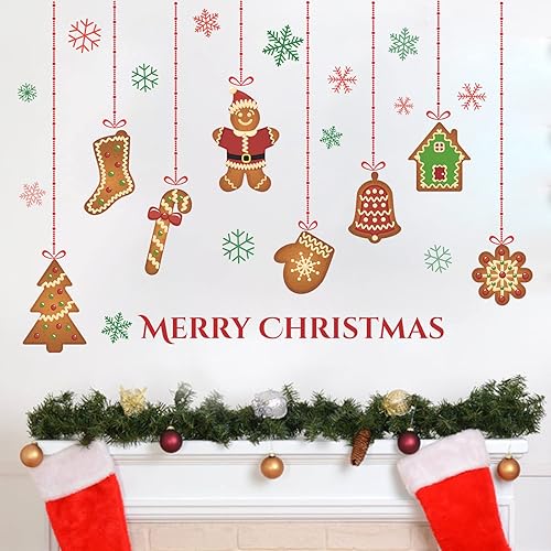Calcomanías de pared de Feliz Navidad calcomanías de pared para despegar y pegar diseño de pan de jengibre casa de caramelo copo de nieve