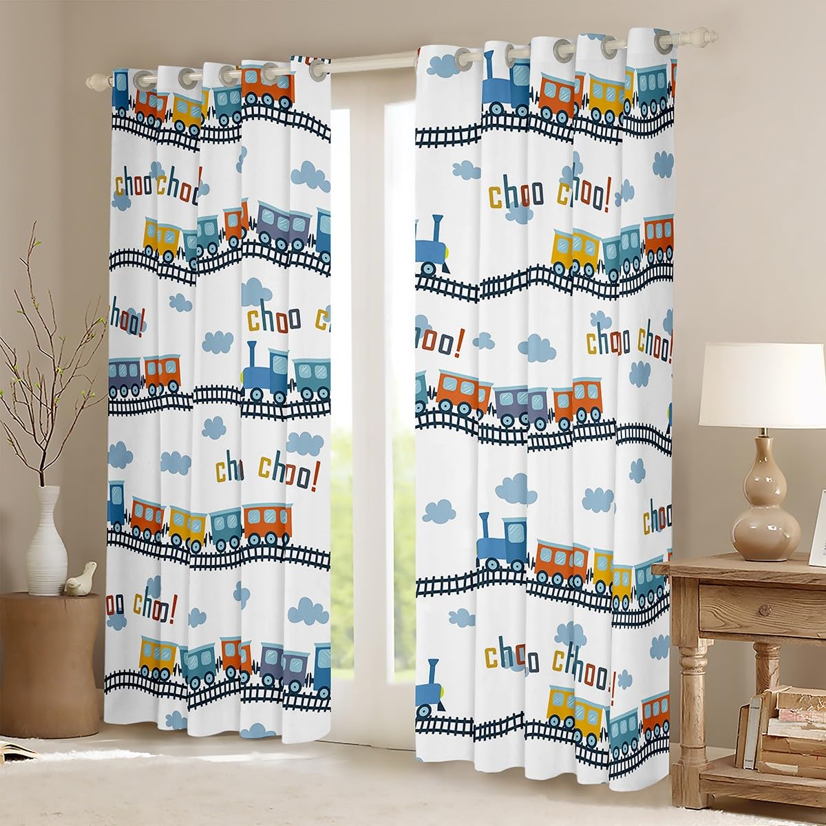 Bunte Zug Vorhänge Cartoon Auto Fenster Vorhang Blaue Zug Tracks Wolke Fenster Vorhänge Kinder Jungen Mädchen Teens Zimmer Dekor Transport Fahrzeuge Fenster Behandlung Vorhang,Top 2 Panel,L Größe